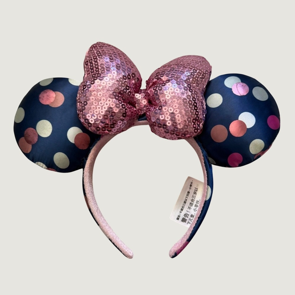 Disney Parks Minnie Mouse Ears OS Sequin‎ Bow Polka Dot Satin Headband Navy Pink